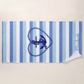 航海のいかりネイビーブルーストライプ ビーチタオル (正面)