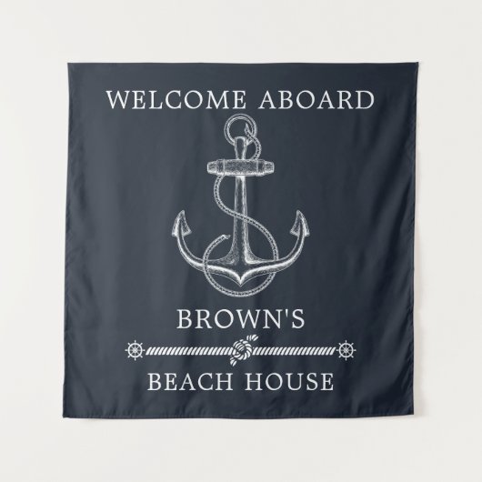 航海のいかりネイビーブルービーチまたはレイクハウス タペストリー (正面)