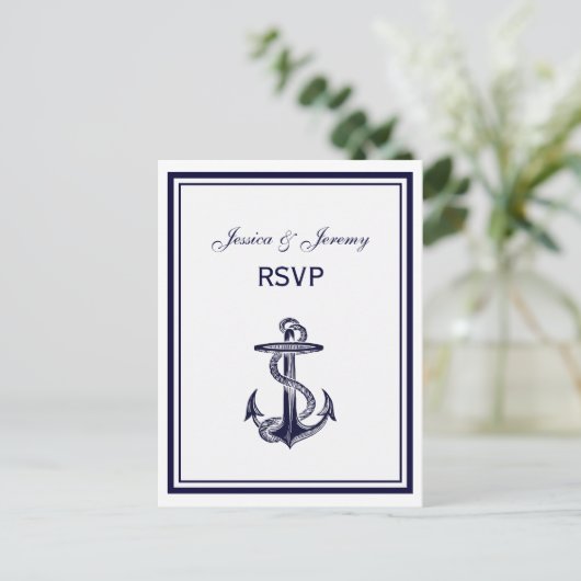 航海のいかりネイビーブルーフレーム2 RSVP 1 インビテーションポストカード (スタンド正面)