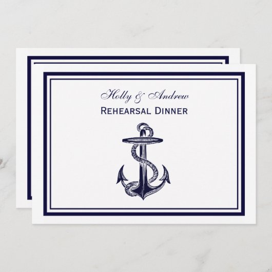 航海のいかりネイビーブルーフレーム2Hリハーサルディナー 招待状 (正面/裏面)