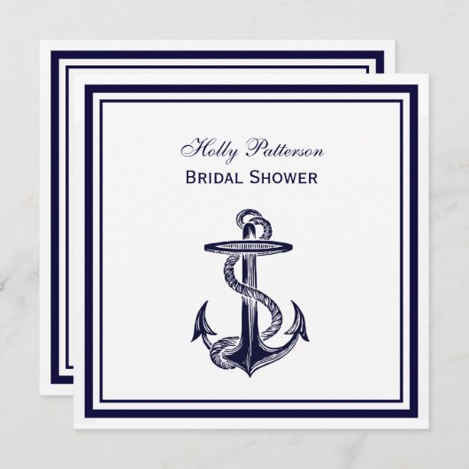航海のいかりネイビーブルーフレーム2SQブライダルシャワー 招待状 (正面/裏面)