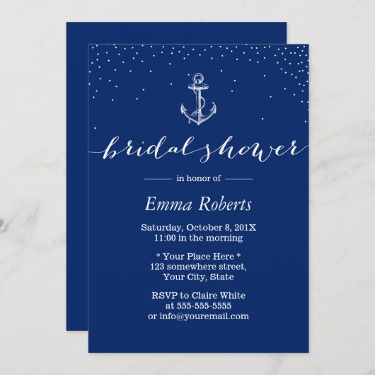 航海のいかりネイビーブルーブライダルシャワー 招待状 (正面/裏面)