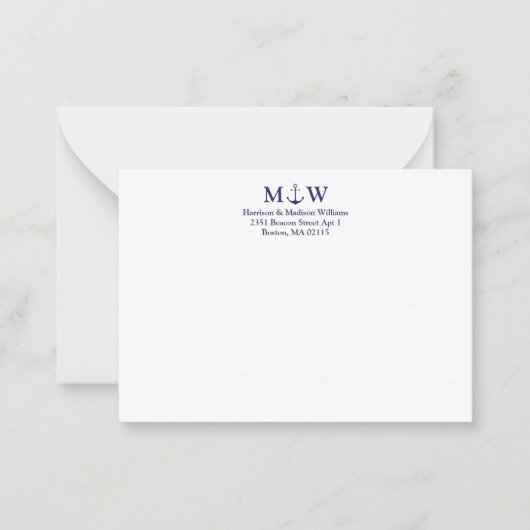 航海のいかりネイビーブルーホワイトカップルのモノグラム ノートカード (正面)