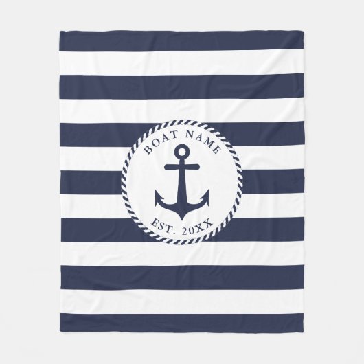 航海のいかりネイビーブルーホワイトストライプズのボート名 フリースブランケット (正面)