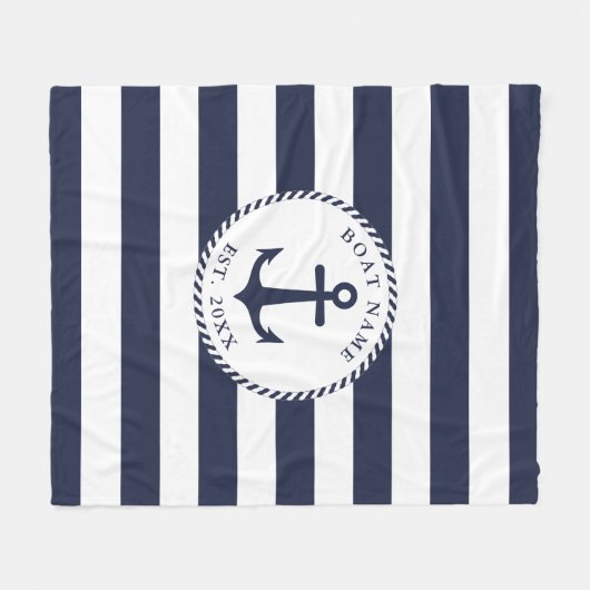航海のいかりネイビーブルーホワイトストライプズのボート名 フリースブランケット (正面(横))