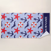 航海のいかりネイビーブルーホワイトストライプズ ビーチタオル (正面)