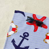 航海のいかりネイビーブルーホワイトストライプズ ビーチタオル (インサイチュ)