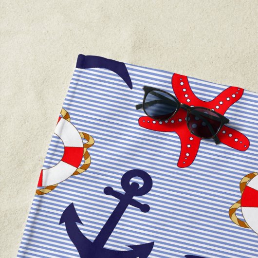 航海のいかりネイビーブルーホワイトストライプズ ビーチタオル (インサイチュ)