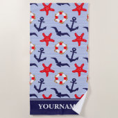 航海のいかりネイビーブルーホワイトストライプズ ビーチタオル (正面)