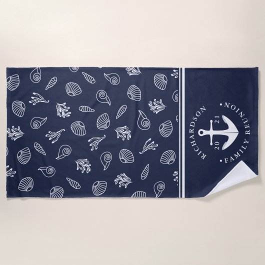 航海のいかりネイビーブルーホワイトファミリー懇親会 ビーチタオル (正面)