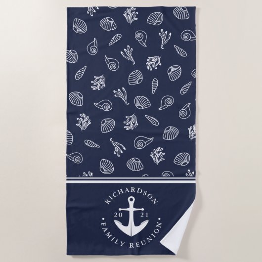 航海のいかりネイビーブルーホワイトファミリー懇親会 ビーチタオル (正面)