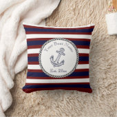 航海のいかりネイビーブルーホワイトマルーンストライプ クッション (ブランケット)