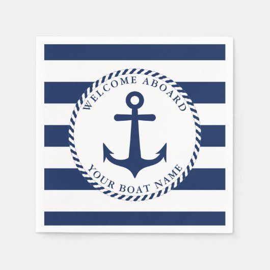 航海のいかりネイビーブルーボート名 スタンダードカクテルナプキン (正面)