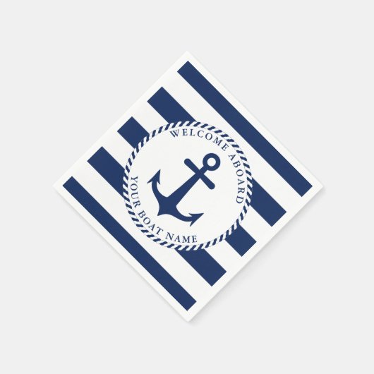 航海のいかりネイビーブルーボート名 スタンダードカクテルナプキン (角)