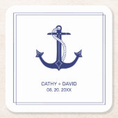 航海のいかりネイビーブルーモノグラムの名結婚前 スクエアペーパーコースター (正面)