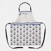 航海のいかりネイビーブルーモノグラム名ホワイトウッド エプロン (正面)
