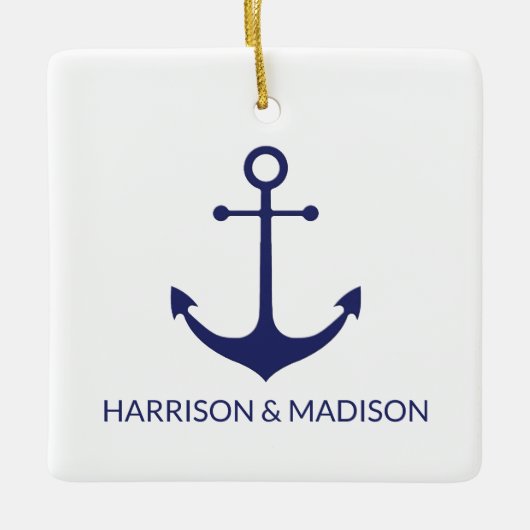 航海のいかりネイビーブルー名前をカスタムする セラミックオーナメント (正面)