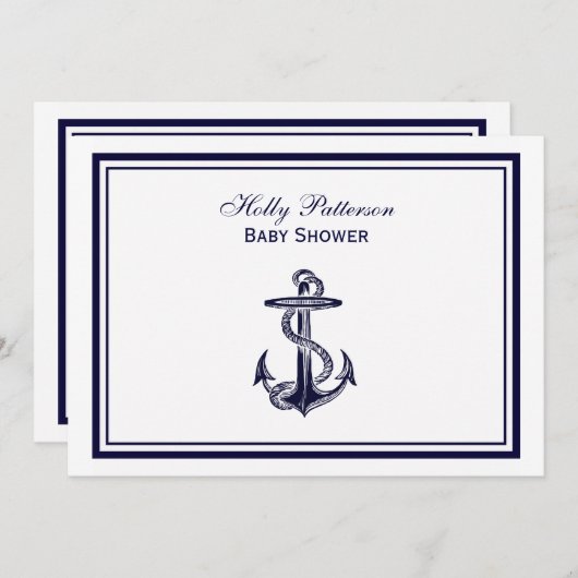 航海のいかりネイビーブルー枠2Hベビーシャワー 招待状 (正面/裏面)