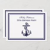 航海のいかりネイビーブルー枠2H誕生日パーティー 招待状 (正面/裏面)