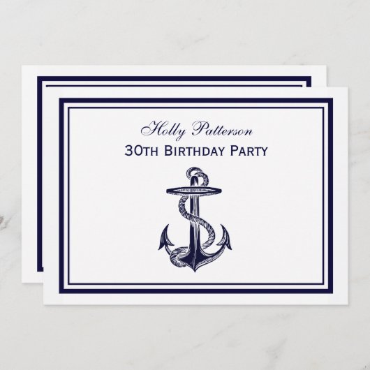 航海のいかりネイビーブルー枠2H誕生日パーティー 招待状 (正面/裏面)