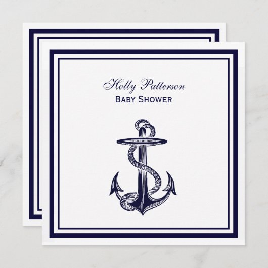 航海のいかりネイビーブルー枠2SQベビーシャワー 招待状 (正面/裏面)