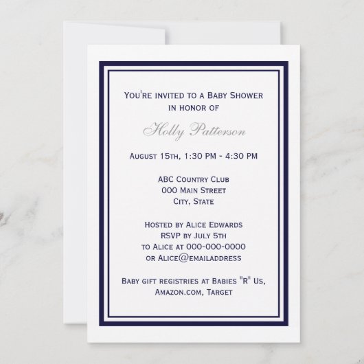 航海のいかりネイビーブルー枠2Vベビーシャワー 招待状 (裏面)