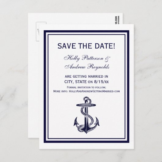 航海のいかりネイビーブルー枠2V日付の保存 案内ポストカード (正面/裏面)