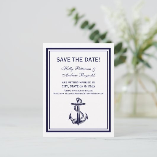 航海のいかりネイビーブルー枠2V日付の保存 案内ポストカード (スタンド正面)