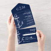 航海のいかりネイビーブルー結婚ズ オールインワン招待状 (貼ってはがせる)