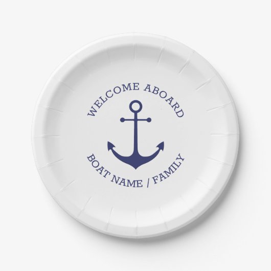 航海のいかりネイビーホワイトカスタムウェルカムアボード ペーパープレート (正面)