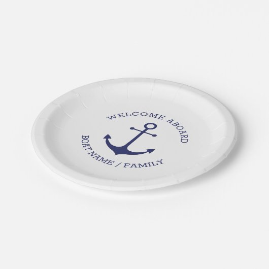 航海のいかりネイビーホワイトカスタムウェルカムアボード ペーパープレート (アングル)