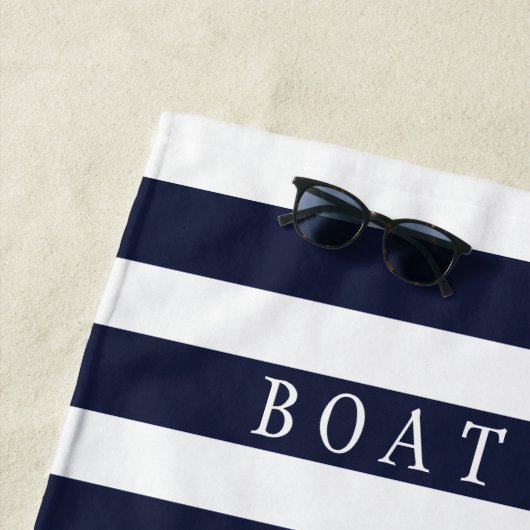 航海のいかりネイビーホワイトストライプモノグラム名 ビーチタオル (インサイチュ)