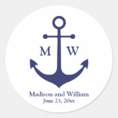 航海のいかりネイビー白カスタムモノグラムと名前 ラウンドシール (正面)