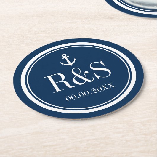 航海のいかりネイビー結婚ブルーモノグラムのコースター ラウンドペーパーコースター (アングル)