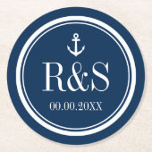 航海のいかりネイビー結婚ブルーモノグラムのコースター ラウンドペーパーコースター (正面)