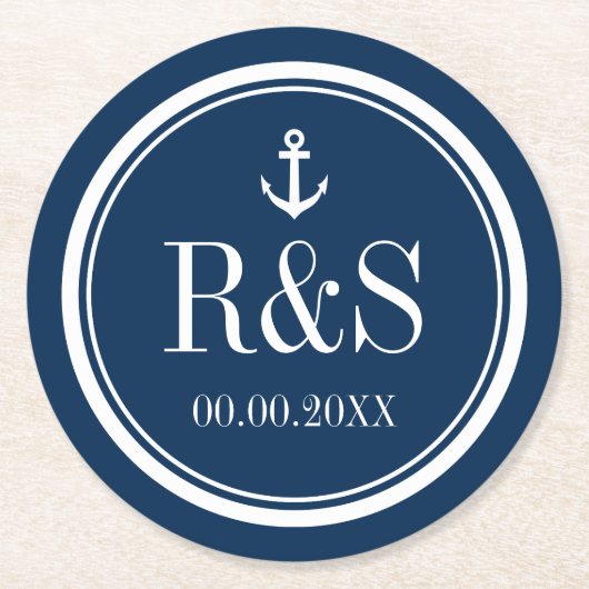 航海のいかりネイビー結婚ブルーモノグラムのコースター ラウンドペーパーコースター (正面)