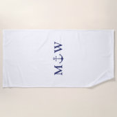 航海のいかりネイビー青い白いカップルイニシャル ビーチタオル (正面)