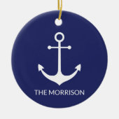航海のいかりネイビー青カスタム白ボート名 セラミックオーナメント (正面)