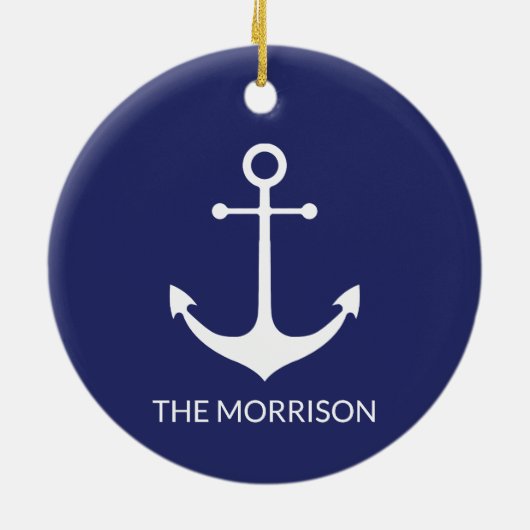 航海のいかりネイビー青カスタム白ボート名 セラミックオーナメント (裏面)