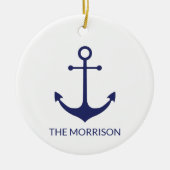 航海のいかりネイビー青カスタム白ボート名 セラミックオーナメント (正面)