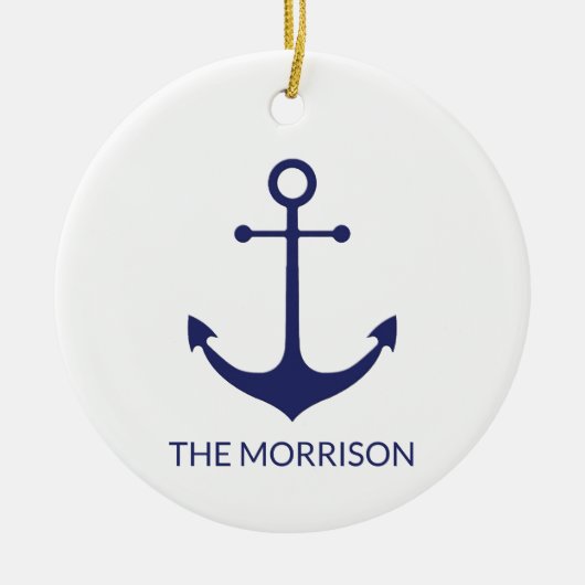 航海のいかりネイビー青カスタム白ボート名 セラミックオーナメント (正面)