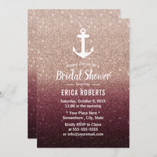 航海のいかりバラ金ゴールドグラデーションブライダルシャワー 招待状 (正面/裏面)