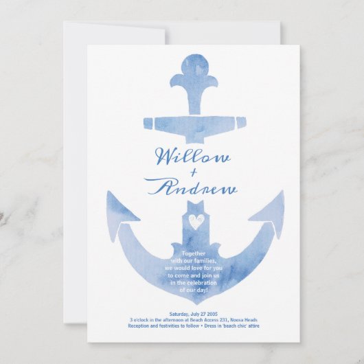 航海のいかりビーチ結婚式水彩 招待状 (正面)