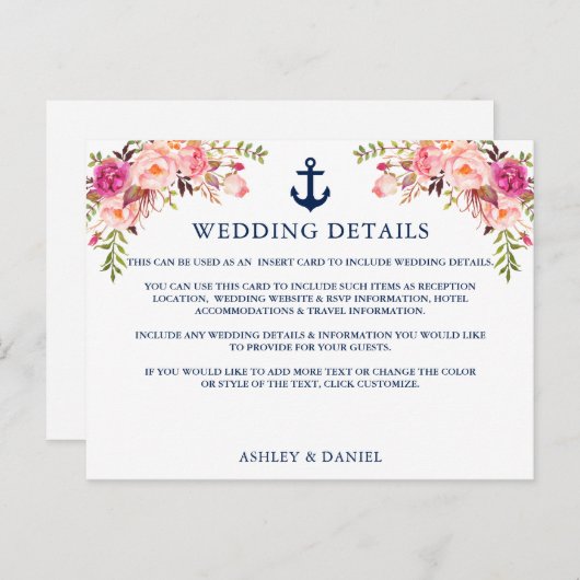 航海のいかりピンクフローラ結婚詳細カード ポストカード (正面/裏面)