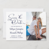 航海のいかりフォトスクリプトタイポグラフィネイビーブルー セーブザデート (正面)