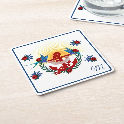 航海のいかりフローラ赤青 スクエアペーパーコースター (アングル)