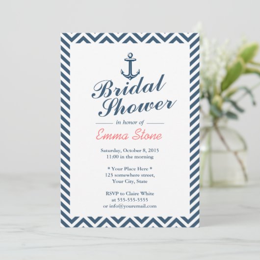 航海のいかりブルーシェブロンストライプブライダルシャワー 招待状 (スタンド正面)