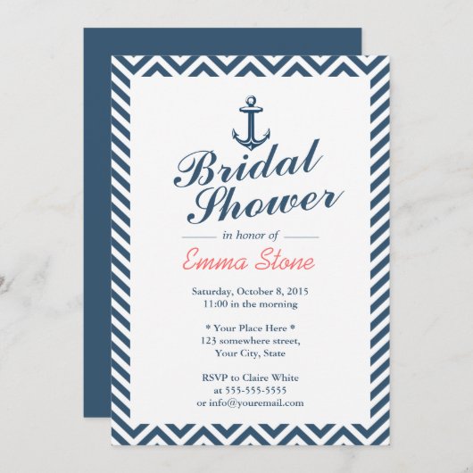 航海のいかりブルーシェブロンストライプブライダルシャワー 招待状 (正面/裏面)