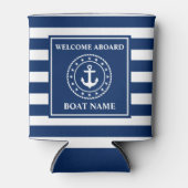 航海のいかりブルーストライプのボートネームロープスターズ 缶クーラー (正面)