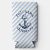 航海のいかりブルーストライプホワイトパーソナライズされた スリム缶クーラー (裏面)